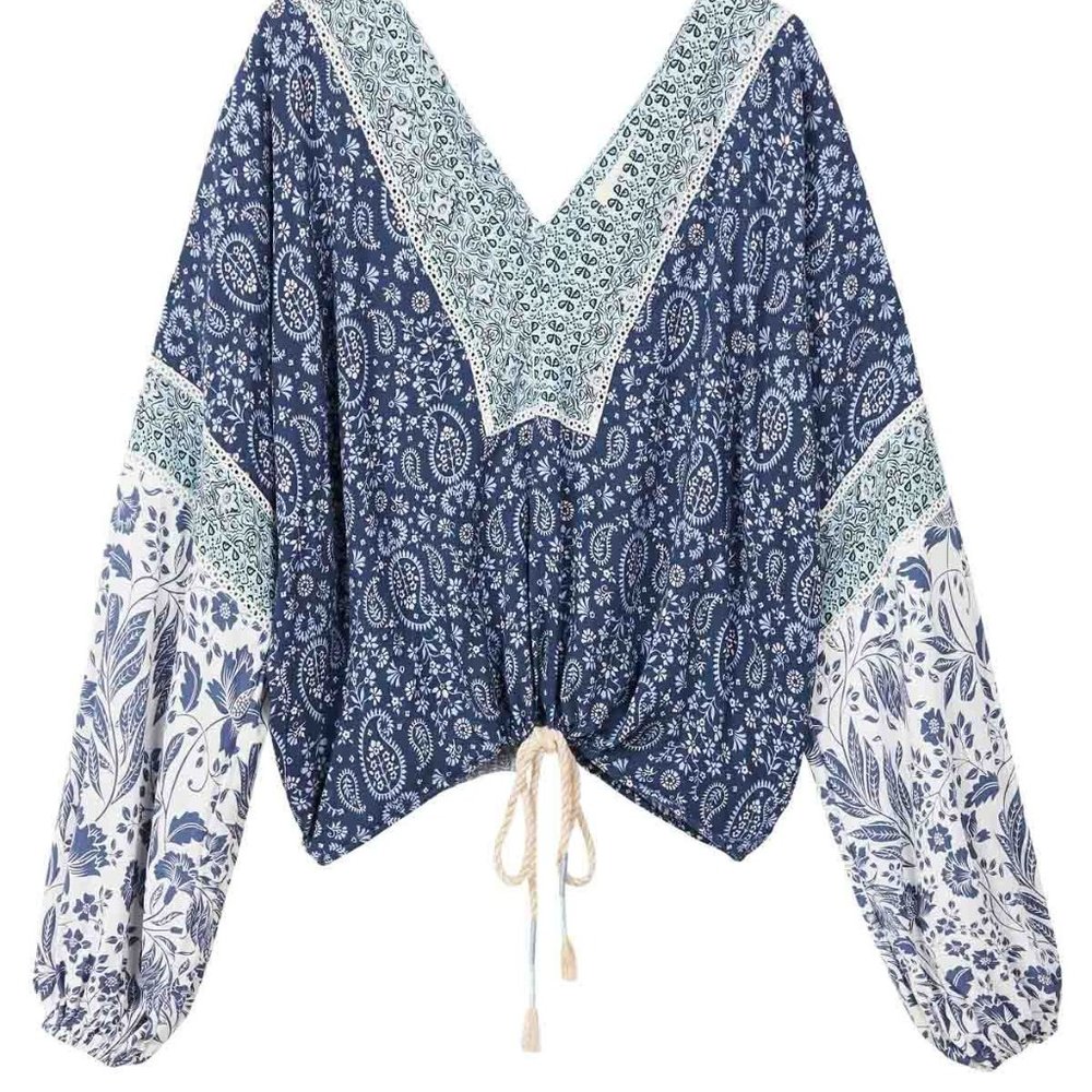 TIGERLILY Cameli Blue Patchwork Paisley Long Sleeve Blouse - Picture 4 of 12